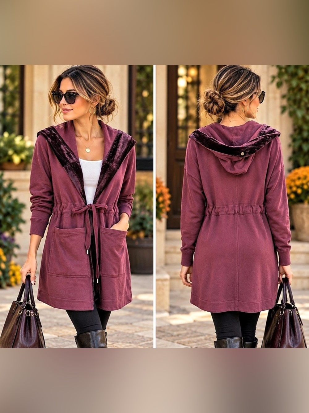 Free People Dark Berry Velvet Trim Hooded Cardigan Jacket NWT Size S - Picture 2 of 16